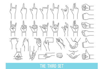 Hands showing gestures outline illustrations set