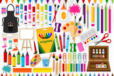 Art Supplies Clipart, Markers, Pencils, Crayons, Paint, School, PNG