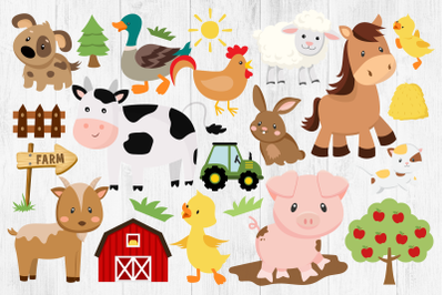 Farm Animals Clipart PNG, Farm, Horse, Pig, Cow, Goat, Rooster, Hay