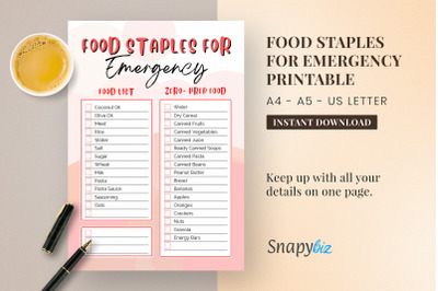 Food Staples for Emergency Printable