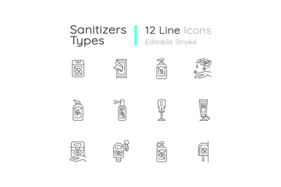 Sanitizer types linear icons set