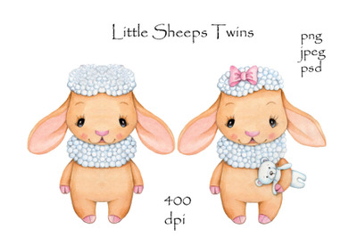 Baby Sheeps Twins. Watercolor illustrations.