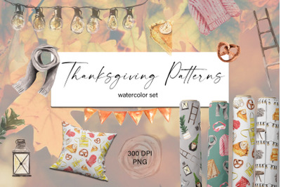 Thanksgiving Watercolor Patterns Set. Digital Papers. PNG