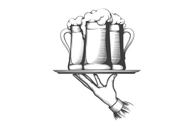 Waiter holding tray with beer