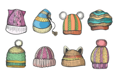 Knitting caps sketch set