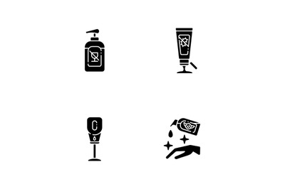Disinfectant hand sanitizers black glyph icons set on white space
