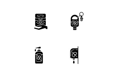 Hygienic hand sanitizers black glyph icons set on white space
