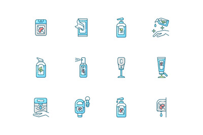 Sanitizer types blue RGB color icons set
