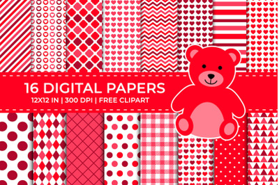 Red Valentine Digital Papers Set, Free Teddy Bear Clipart