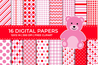 Red Pink Valentine Digital Papers Set, Free Teddy Clipart