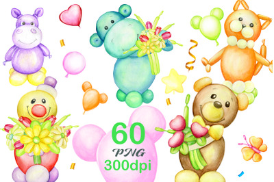 Watercolor animal, balloons clipart, birthday invitation, party animal