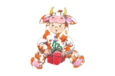 New Year kid in a bull costume - watercolor illustration