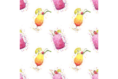 Bright watercolor seamless pattern with cocktails and splashes