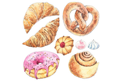 Bakery, pastry set hand drawn in watercolor - food illustration