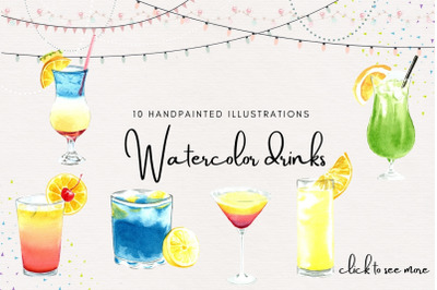 Watercolor Cocktails Clipart, Fancy Beverages, Alcoholic Drinks