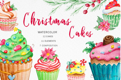 Christmas watercolor clipart, cupcake clipart