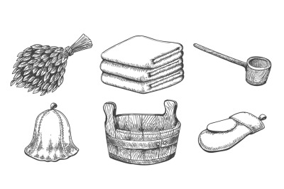 Vintage sketch sauna items