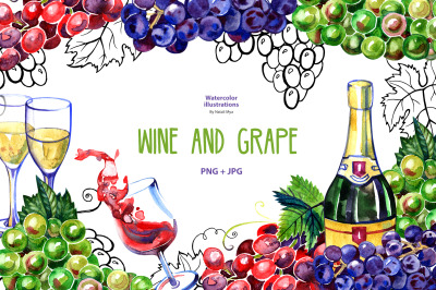 Watercolor wine and grape