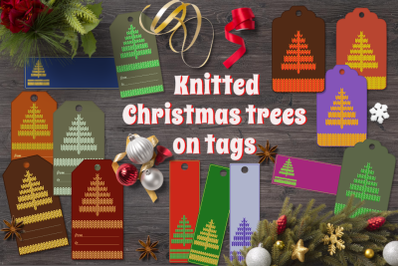 Christmas labels with knitted fir trees