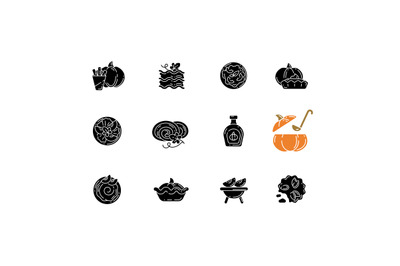 Pumpkin recipes black glyph icons set on white space