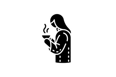 Girl with hot drink in mug black glyph icon