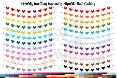 100 Colors Heart Bunting Banners Clipart