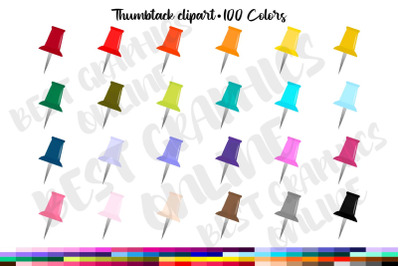 100 Thumbtack Clipart Set, Push Pin