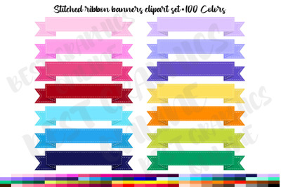 100 Stitched Ribbon Banners Clipart Set