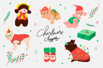Set of Christmas Costumes for Dogs. Cute Christmas Doggies Vector