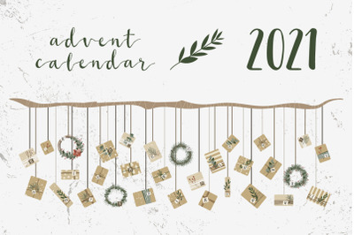 Advent Calendar 2021. Gifts, wreaths. Xmas and New Year. 31 days