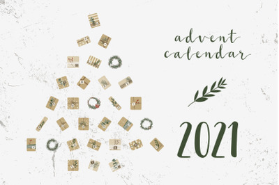 Advent Calendar 2021. Gifts, wreaths. Xmas and New Year. 31 days