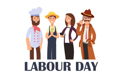 Cartoon people different proffesions isolated on white. Labour Day pos