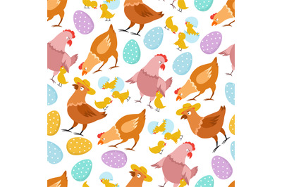 Chicken seamless pattern. Happy easter chick hen rooster and eggs. Kid