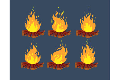 Camp fire animation sprites. Cartoon bonfire animation frames vector s