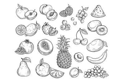 Sketch fruits. Strawberry melon, peach mango. Banana pineapple, raspbe