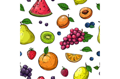 Fruit and berries seamless pattern. Orange and grapes, kiwi pear, wate