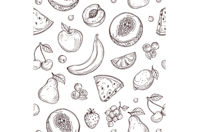 Doodle fruits seamless pattern. Sketch fresh organic berries vector en