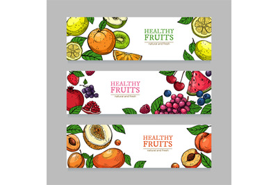 Berries and fruits banners. Cartoon orange mango, melon kiwi, banana l