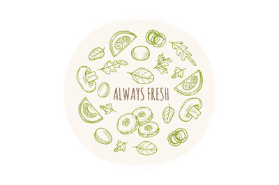 Always fresh grunge banner design with hand drawn vegetables