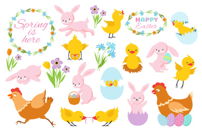 Easter bunny&2C; chicks and spring flowers. Funny rabbits&2C; baby chickens