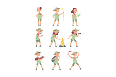 Children scouts. Cartoon kids in scout uniform in summer camping. Funn