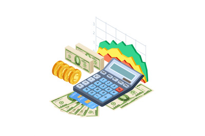 Financial analytics, bookkeeping vector concept. Cash, credit cards, c