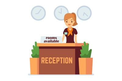 Hotel or hostel reception with cartoon girl. Rooms available vector co