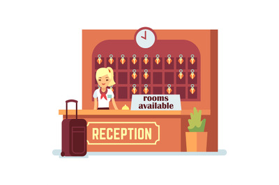 Rooms available vector illustration. Cartoon character girl and check-