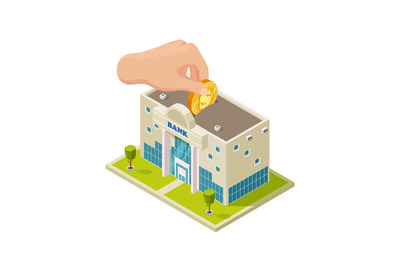 Saving money in bank isometric vector concept