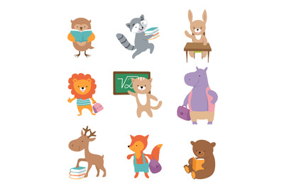 Cute school animals. Bear raccoon lion hare hippo fox, pupils with boo