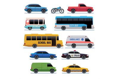 Car flat icons. Public city transport bus&2C; cars and bike&2C; truck. Vehic