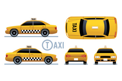 Taxi car. Yellow cab view from side, front, back and top. Cartoon city