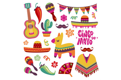 Mexican fiesta set. Cinco de mayo party elements sombrero, pinata and