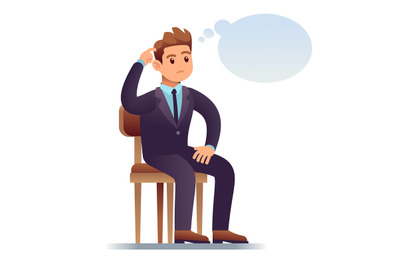 Thinking man. Scratching businessman sitting on chair with empty think